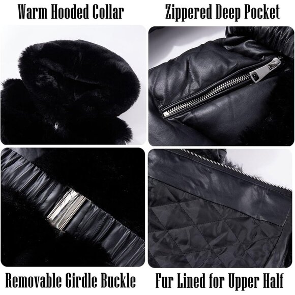 Puffer Jacket Women Winter Fur Lined Coat with Long Fur Collar Warm Overcoat - Picture 4 of 5